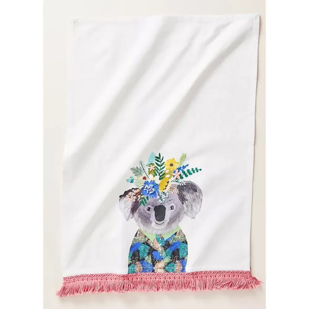 Anthropologie Mia Charro Embroidered Koala Animal Dish Towel 100% COTTON